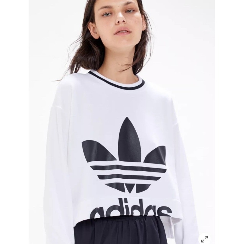 Adidas Trefoil Crop Top Crewneck Sweatshirt Size Small White Black
